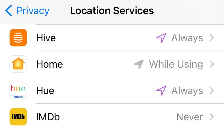 Location Services settings showing which apps are using location