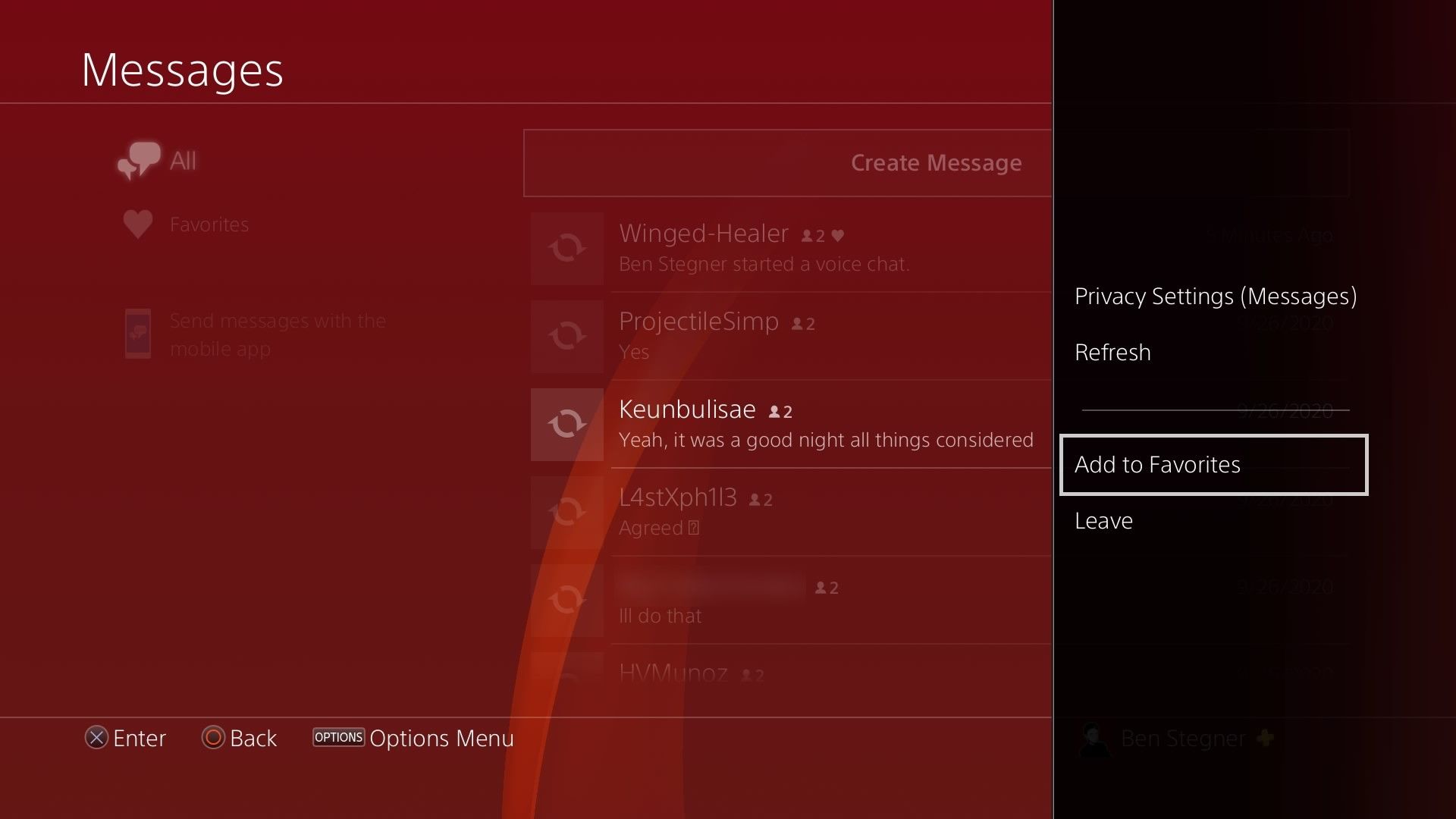 PS4 Add Chat to Favorites