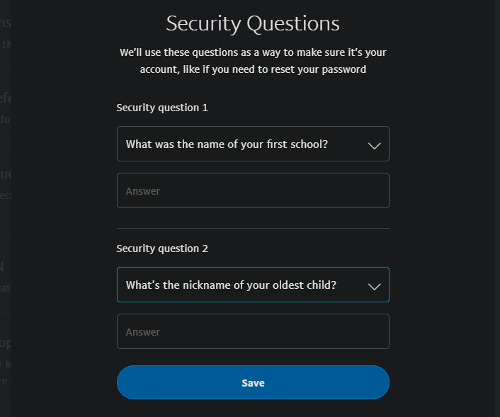 PayPal Security Questions