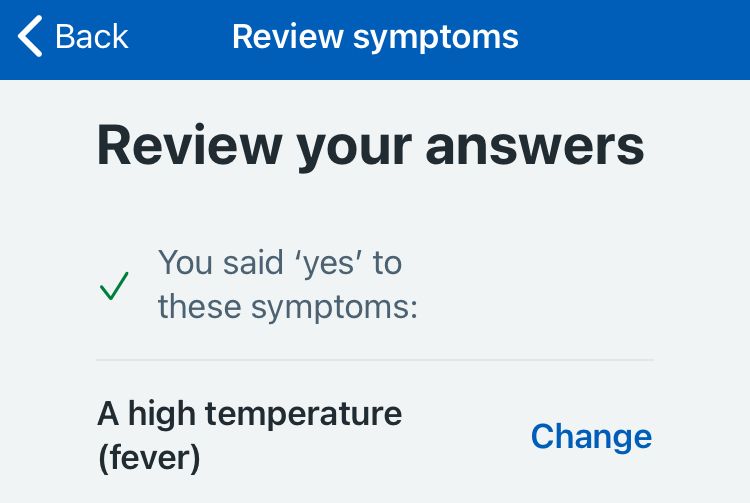 Review symptoms page on NHS COVID-19 app