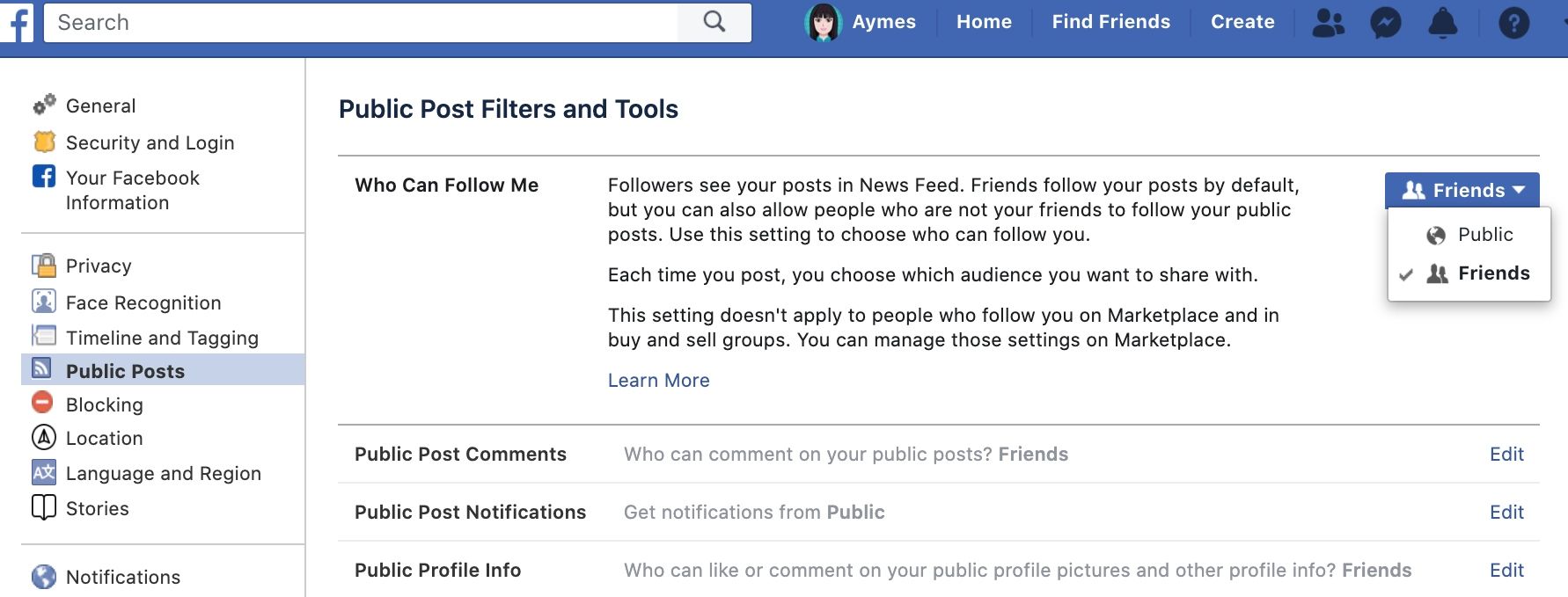 Screenshot of Facebook settings to change public posts