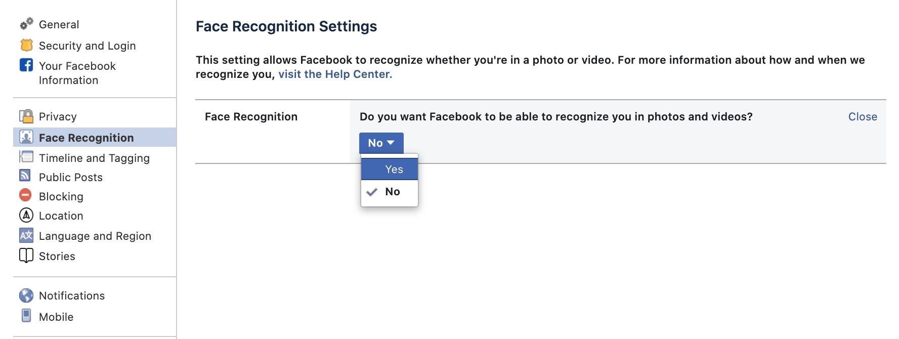 Screenshot of Facebook settings for facial recognition
