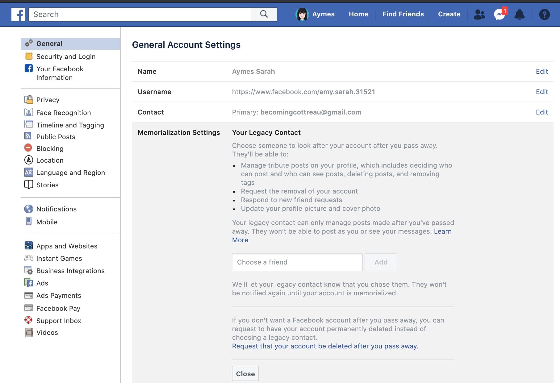 Screenshot of Facebook legacy account settings