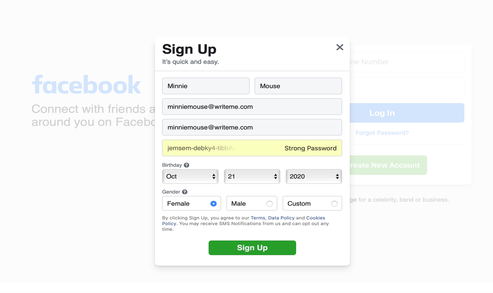 Screenshot of Facebook signup information page
