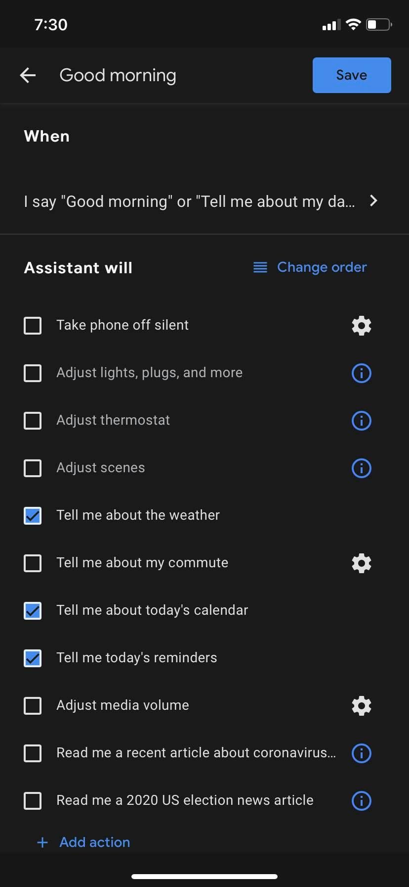 screenshot of Google Assistant good morning routine options