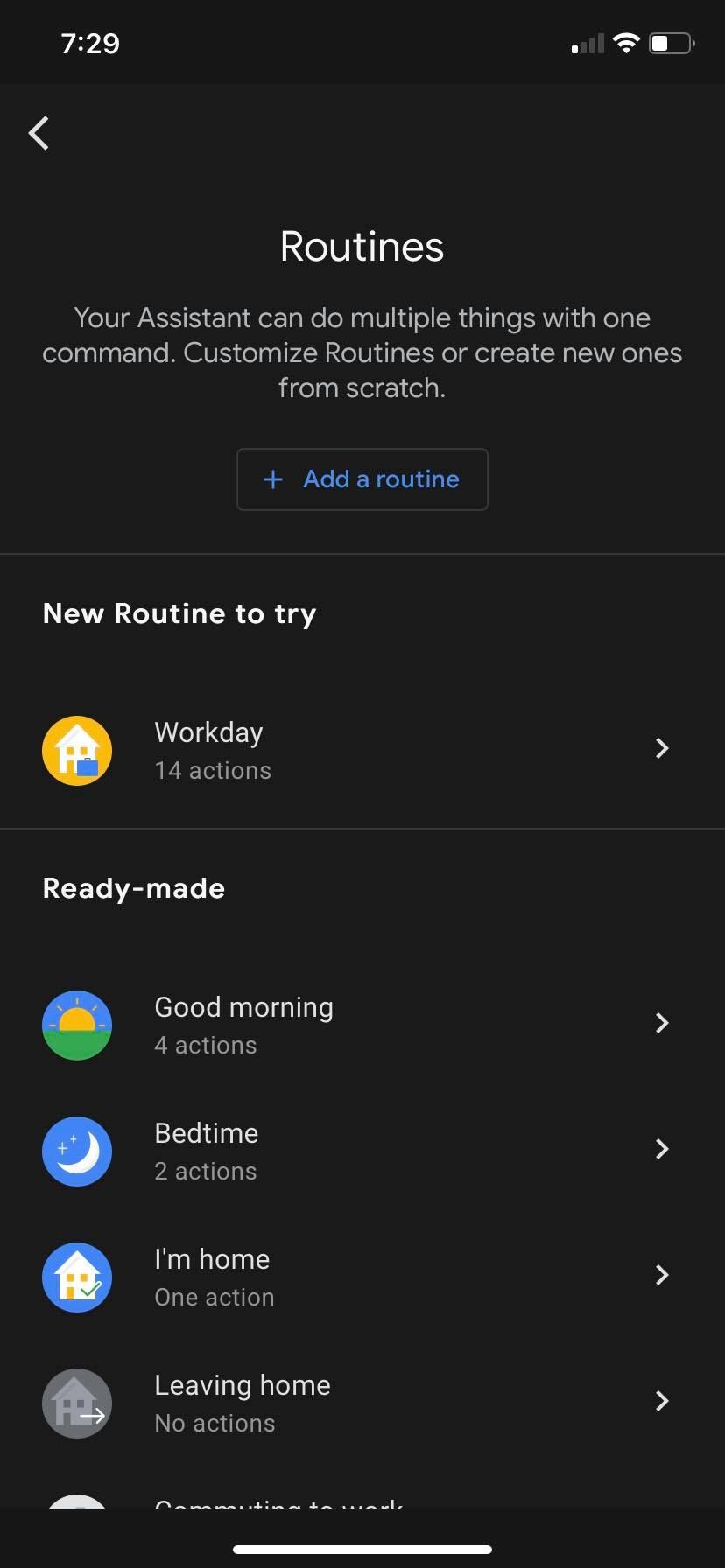 screenshot of Google Assistant Routines