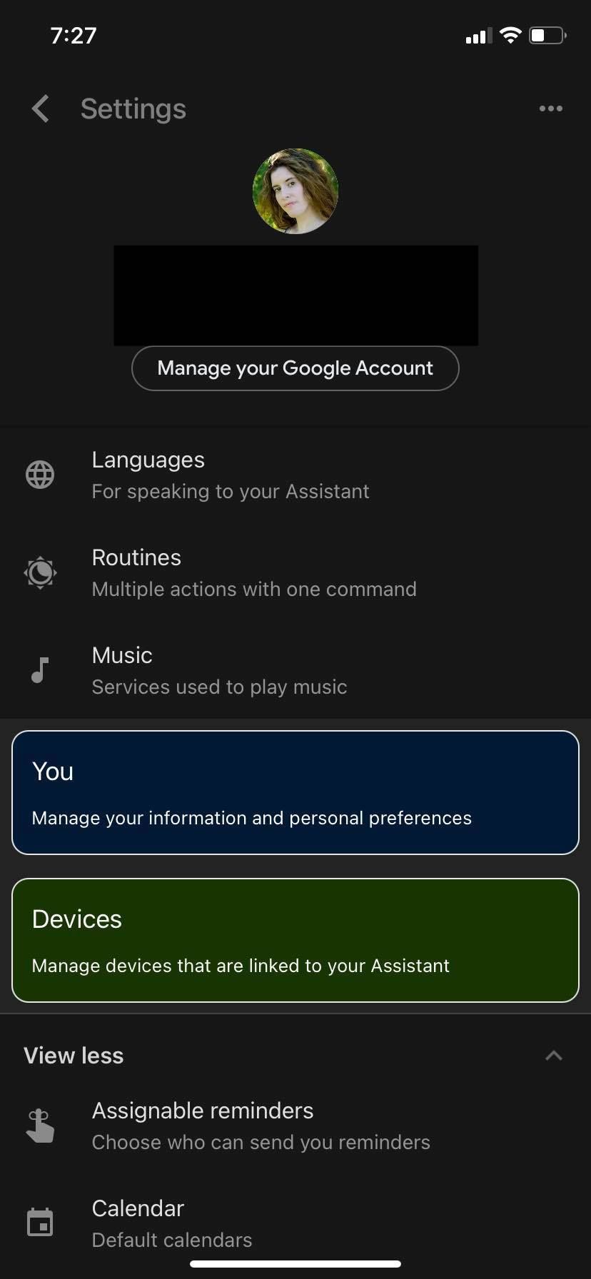 screenshot of Google Assistant Profile