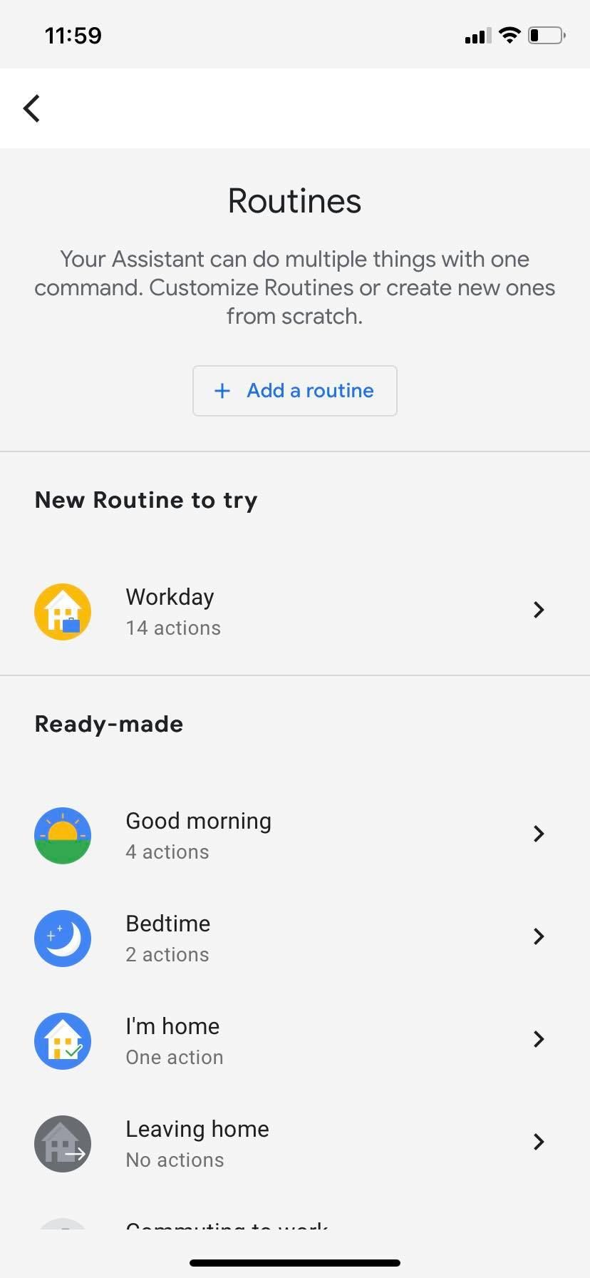 screenshot of Google Assistant routine options