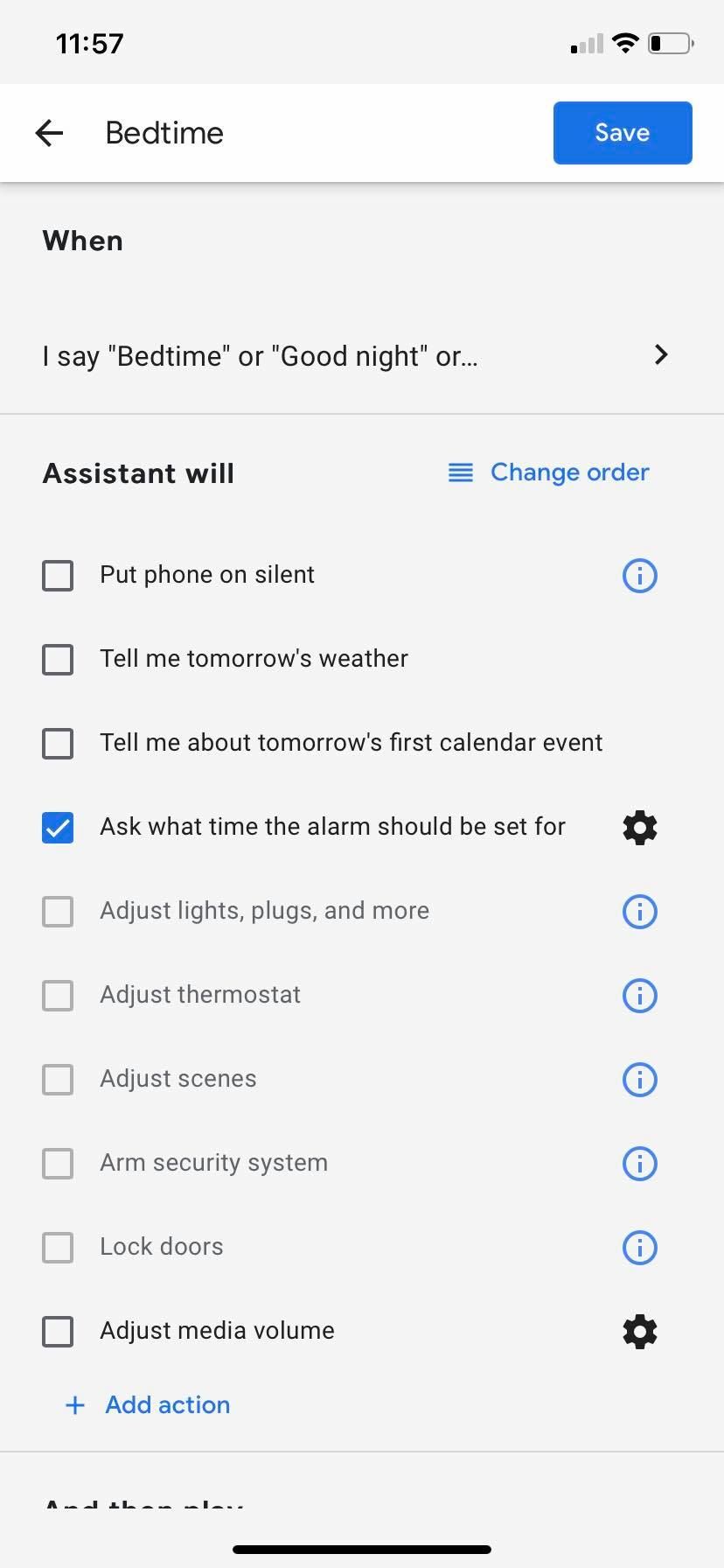 screenshot of Google Assistant bedtime routine options
