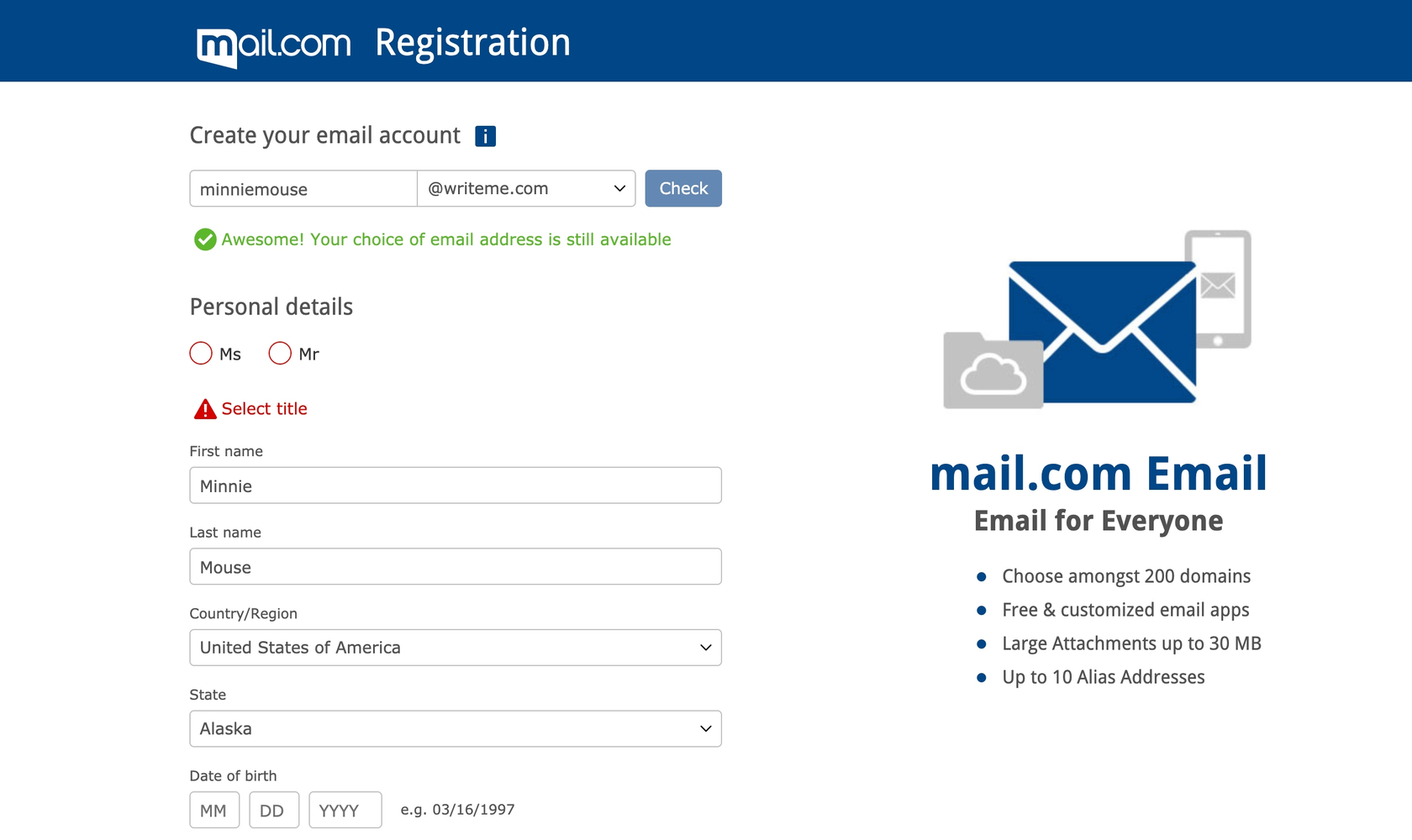 screenshot of mail.com sign up page