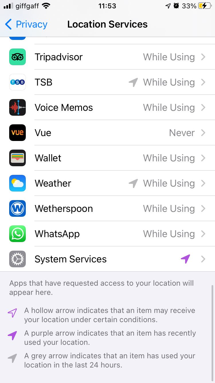 System Services option in Location Services settings on iPhone
