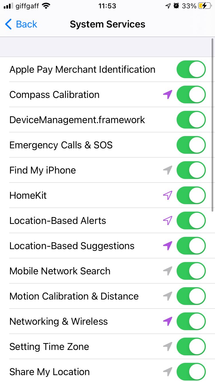 System Services settings on iPhone