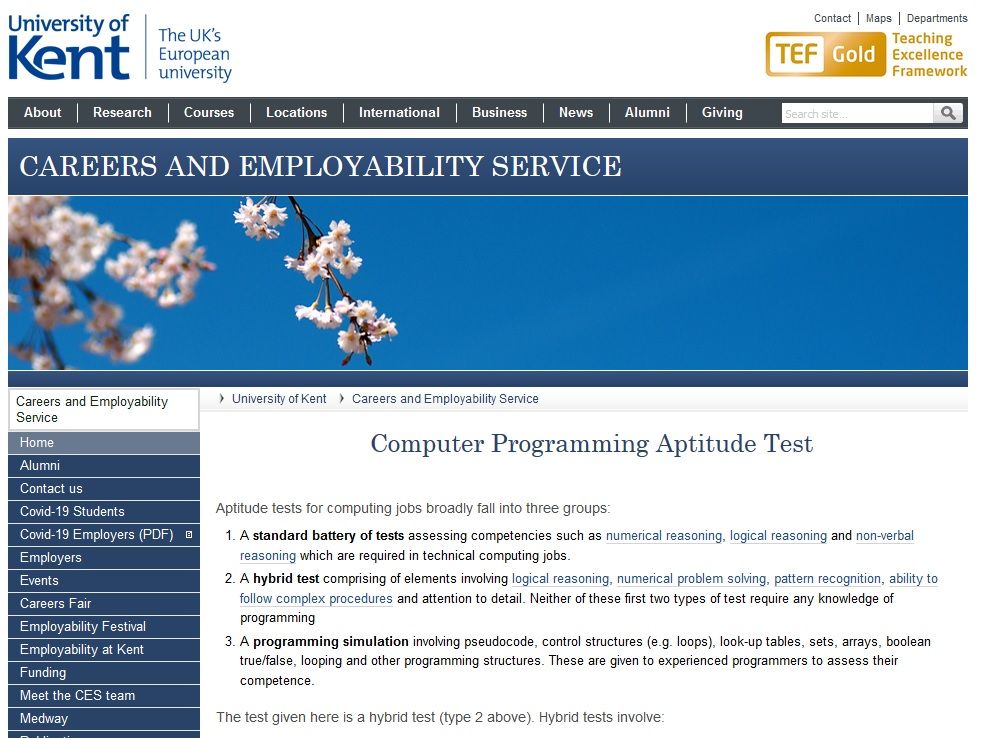 University of Kent Computer Programming Aptitude Test