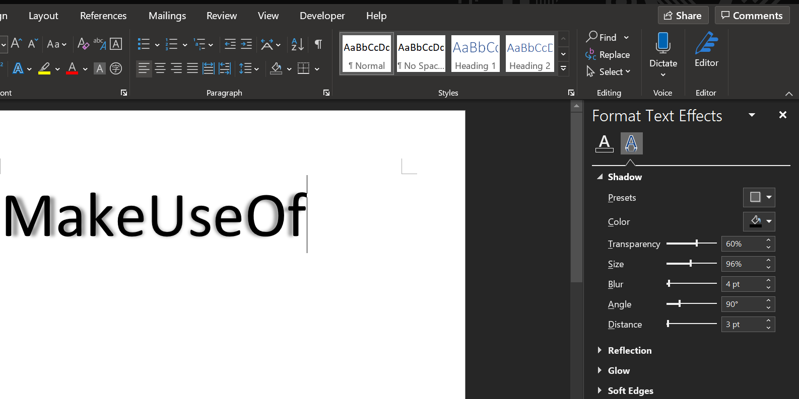 Add shadow to text in Word