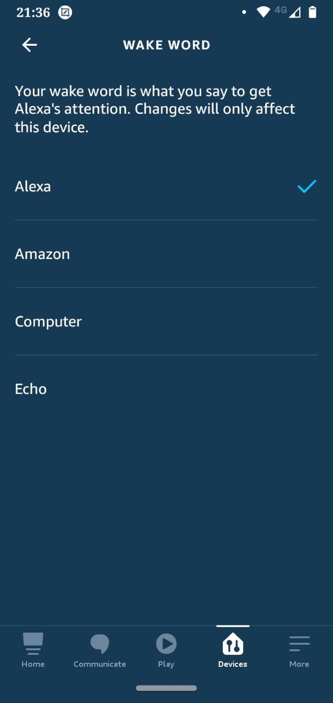 The options for the Alexa wake word