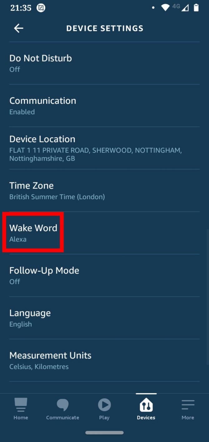 Selecting the Wake Word setting on the Alexa App