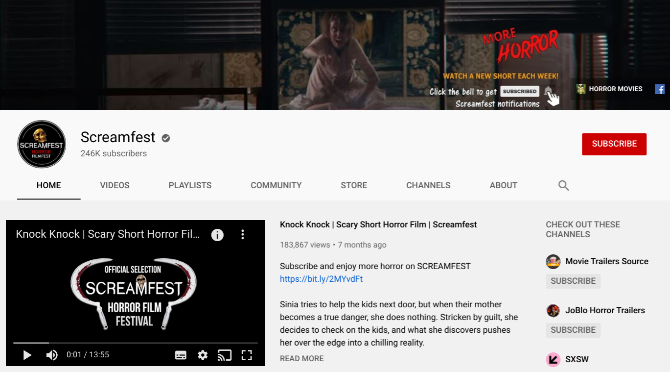 Watch a wide collection of horror short films on Screamfest YouTube channel