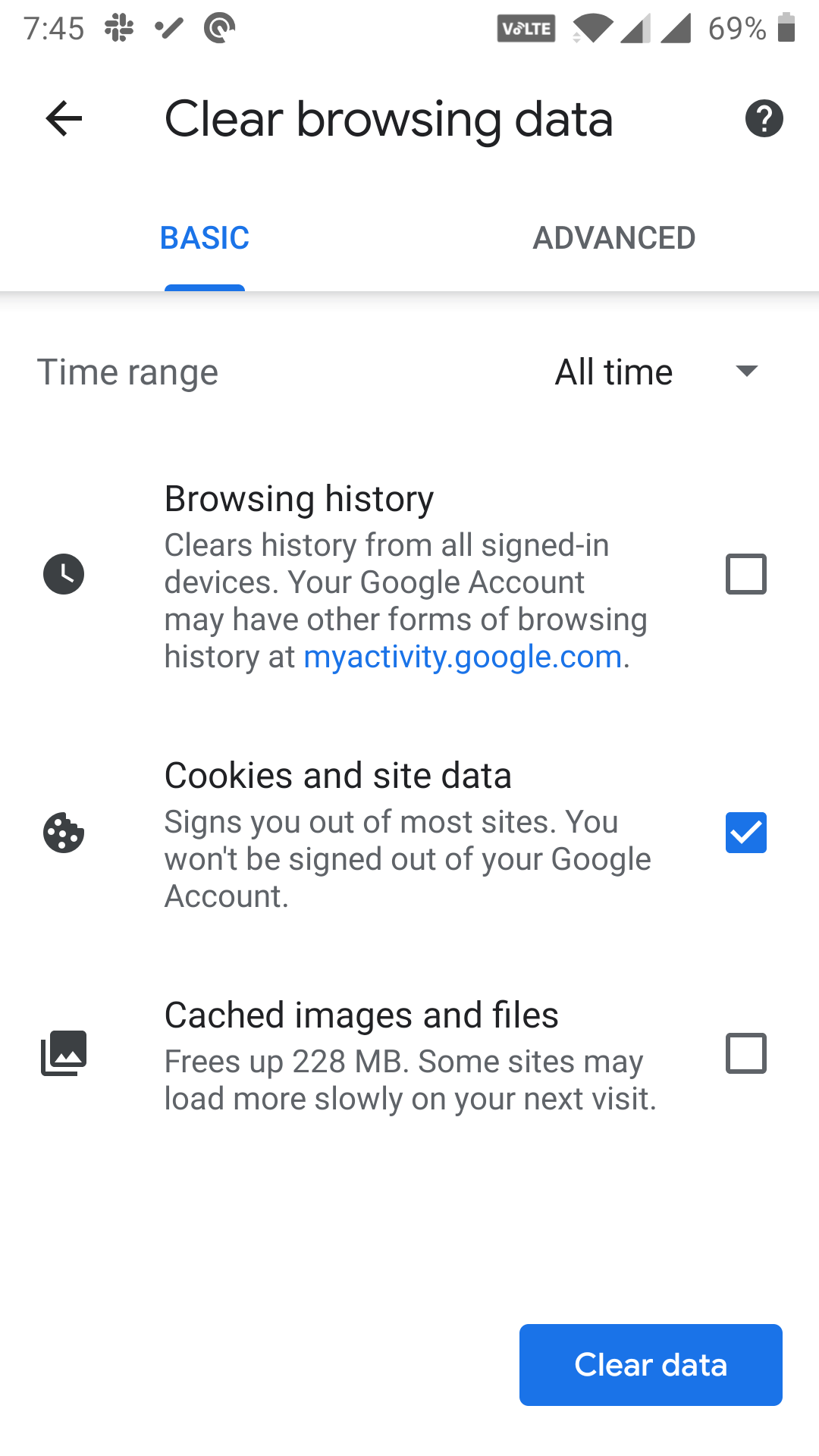 Clear cookies in Chrome for mobile