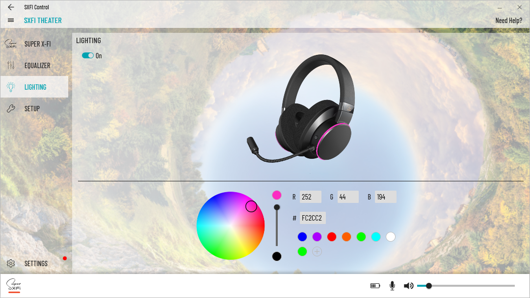 creative sxfi control app RGB lighting options