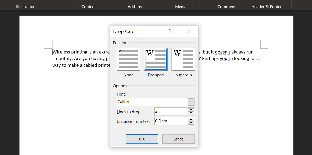 Drop cap configuration in Word