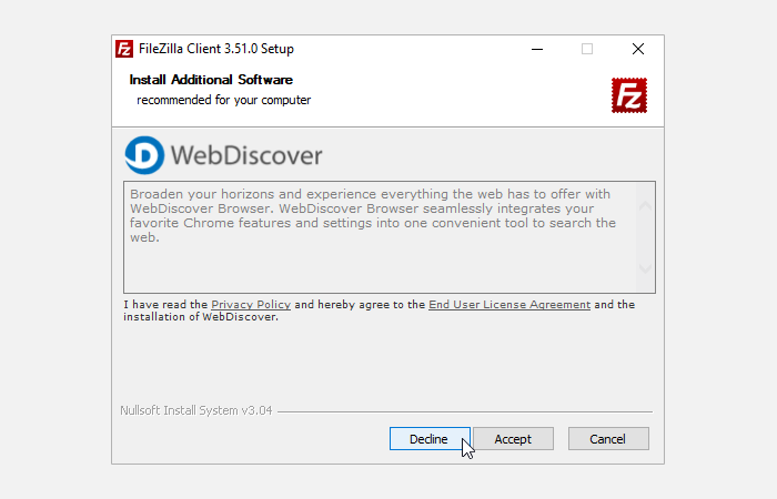 filezilla adware bundle installer