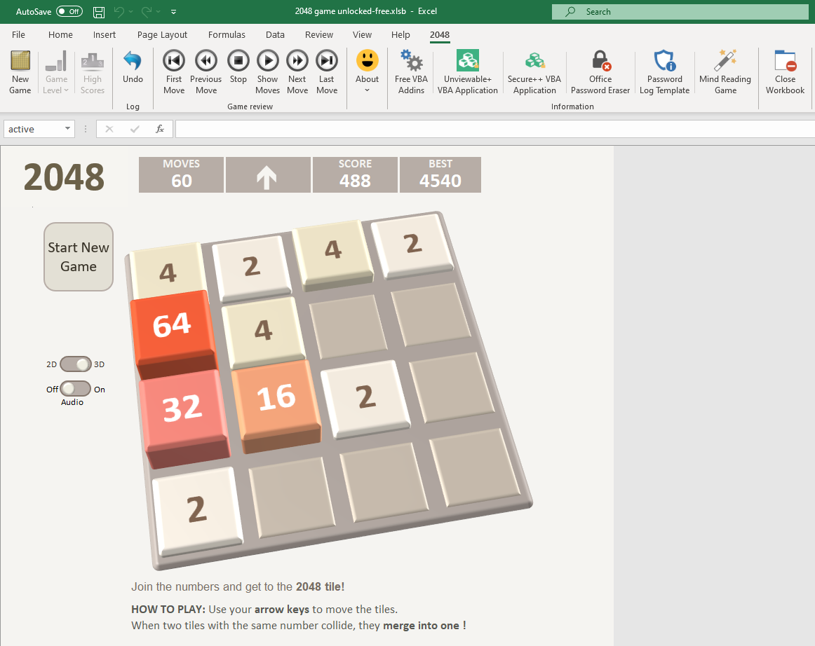 microsoft excel 2048 game