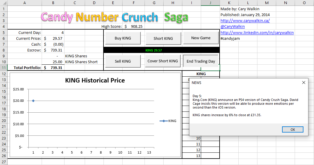 microsoft excel candy crush stock game