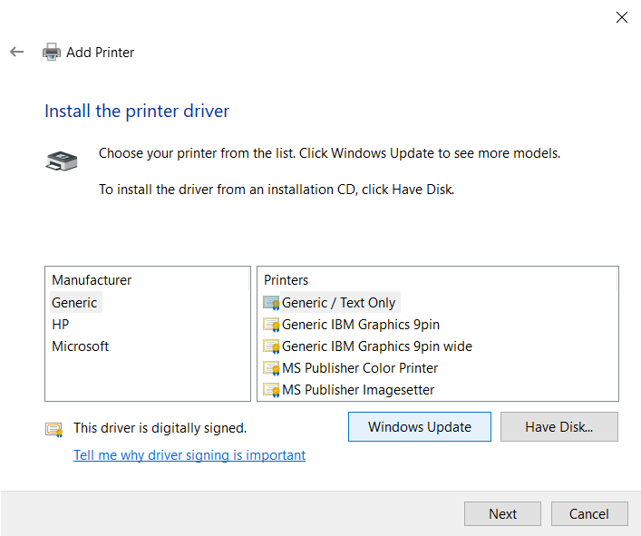 Manually add a printer driver in Windows