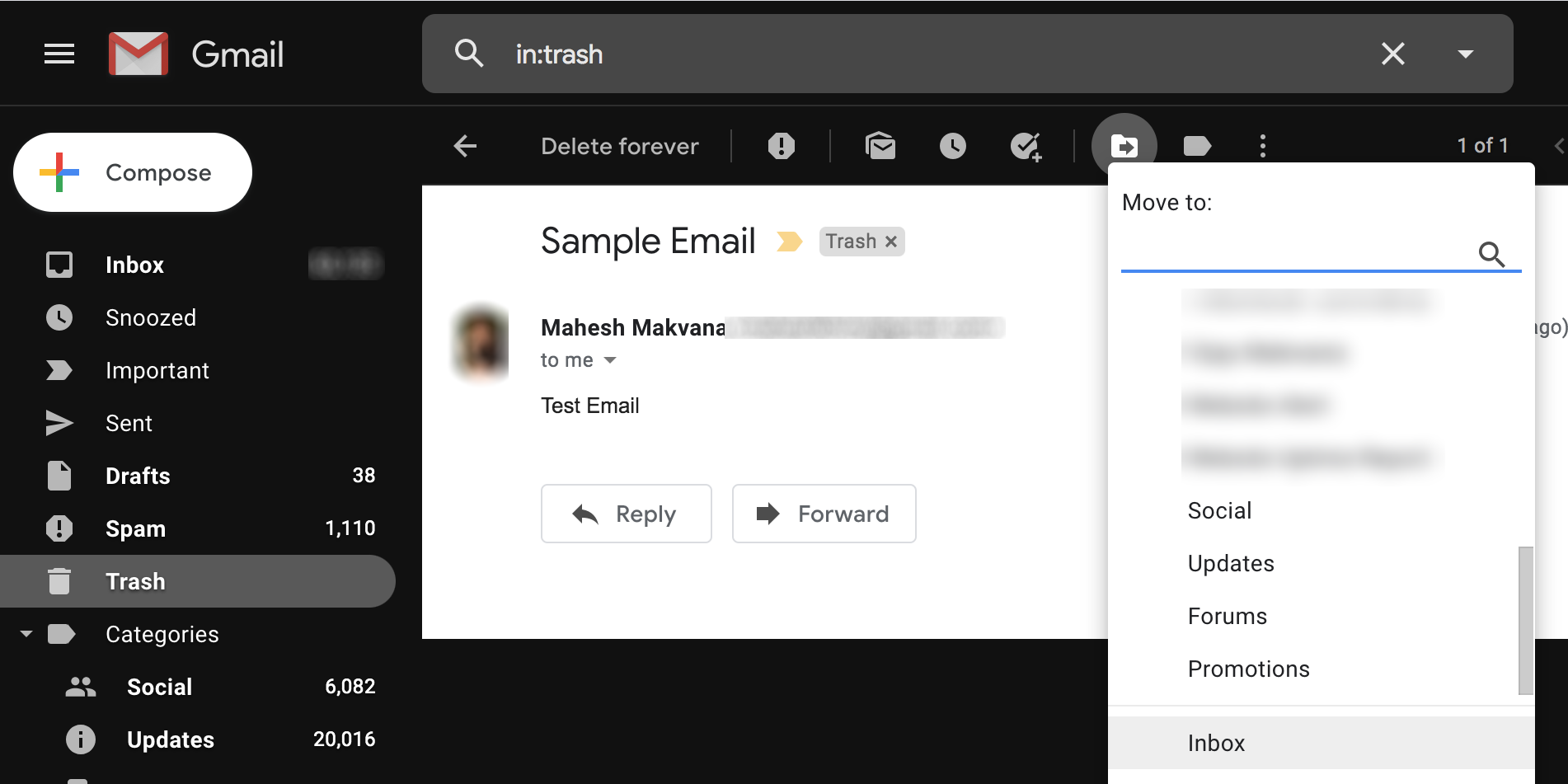 Recover deleted Gmail email using the Trash
