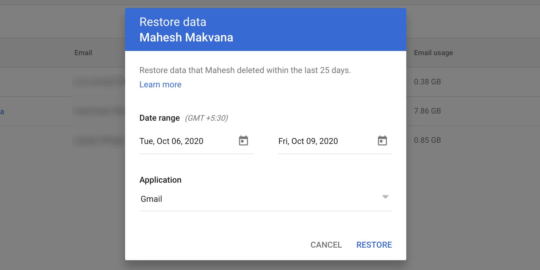 Restore Gmail emails from Google Workspace