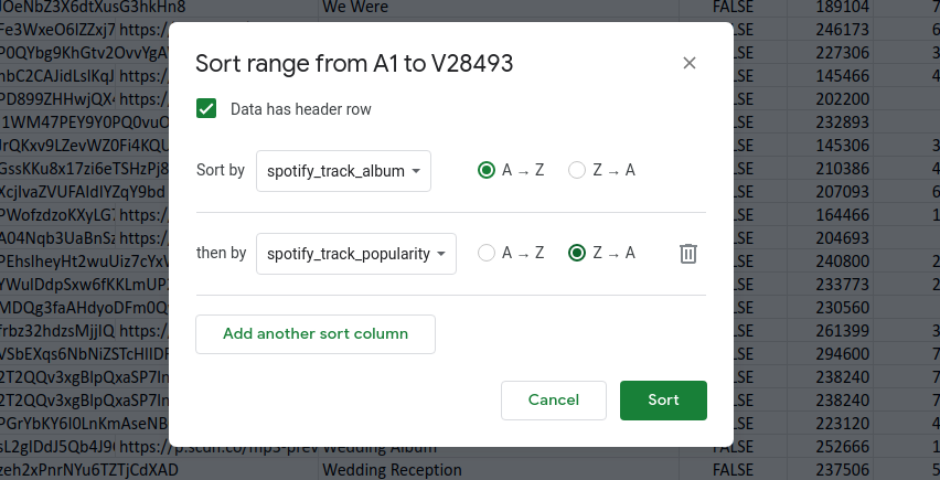 the sorting popup filled out