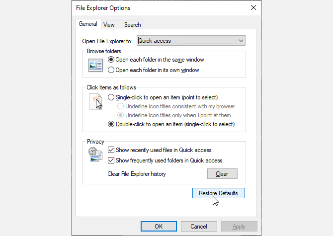 Setting the file explorer options to default