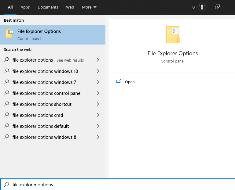 Opening the file explorer options