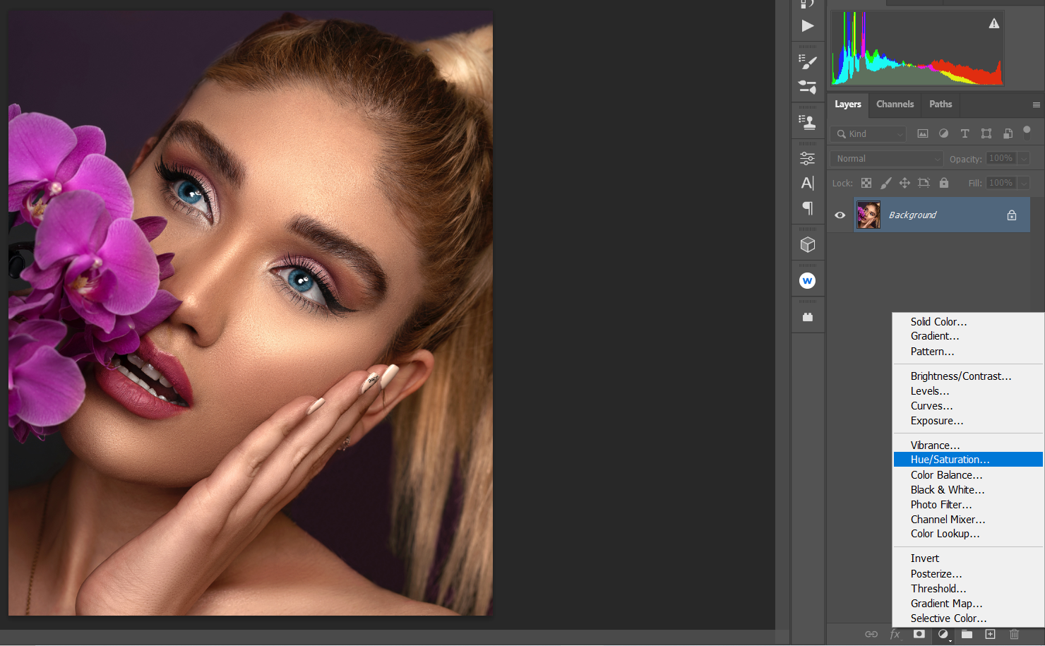 Create a hue saturation layer portrait image