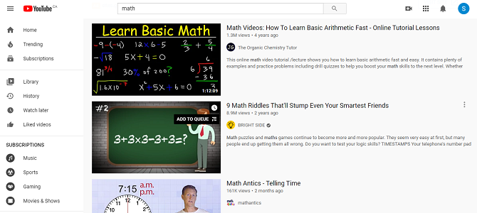 Screenshot of YouTube Math Videos
