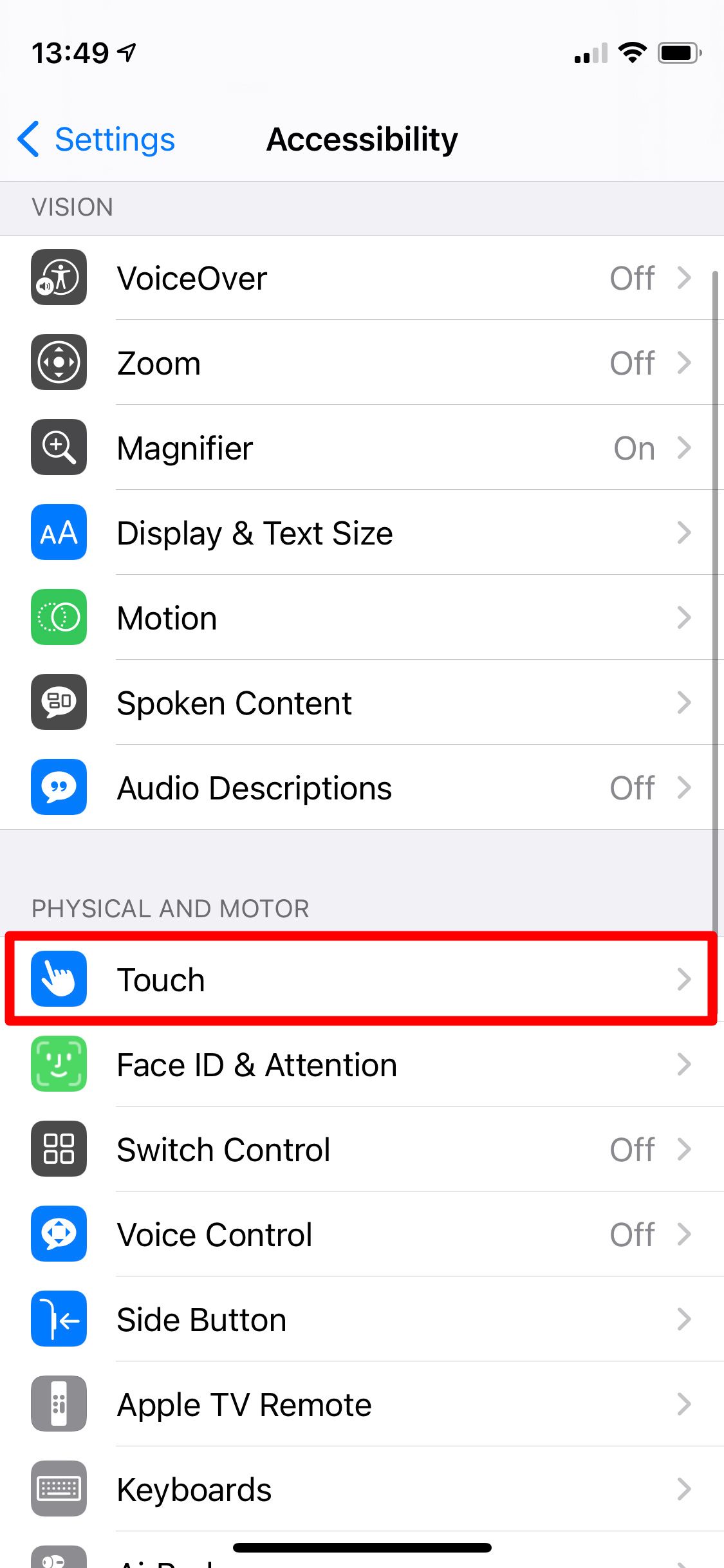 Accessibility settings highlighting Touch options