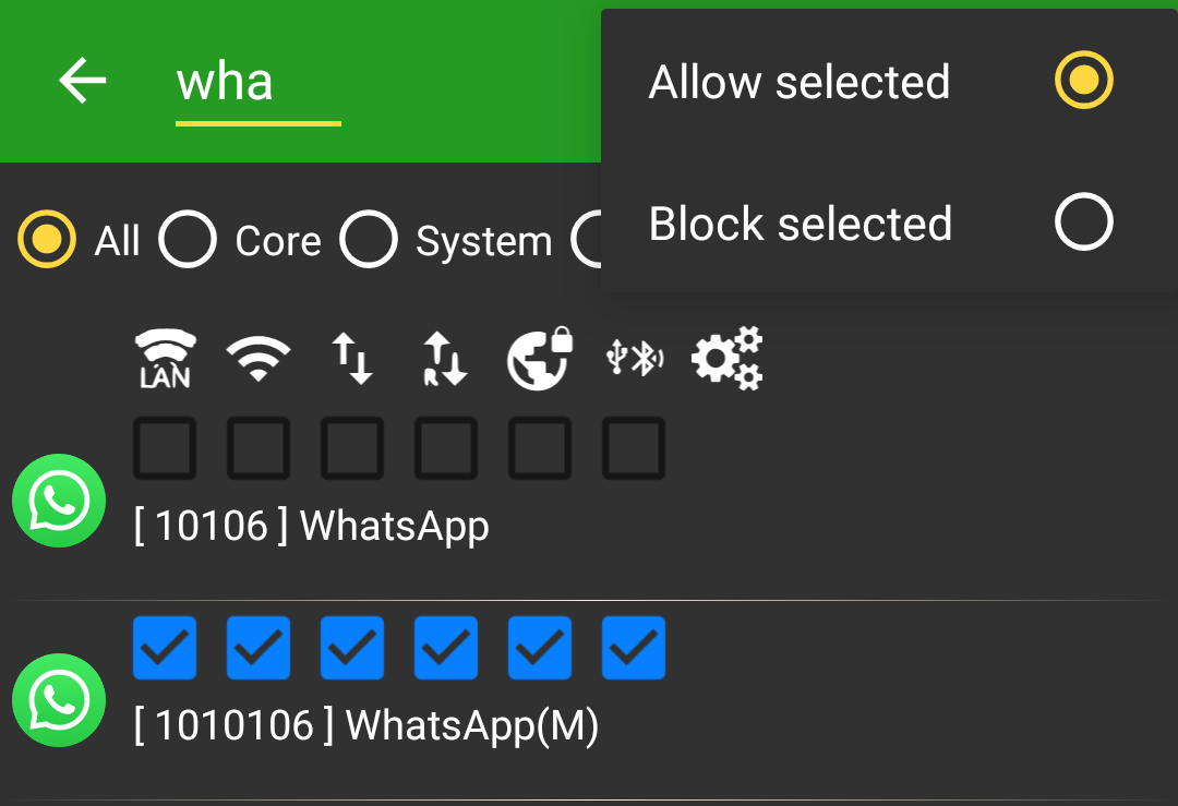 Allow selected dual apps AFWall+
