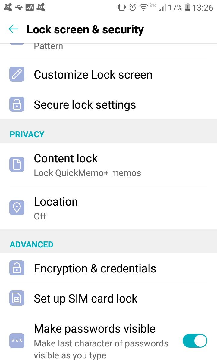 Android security and privacy menus