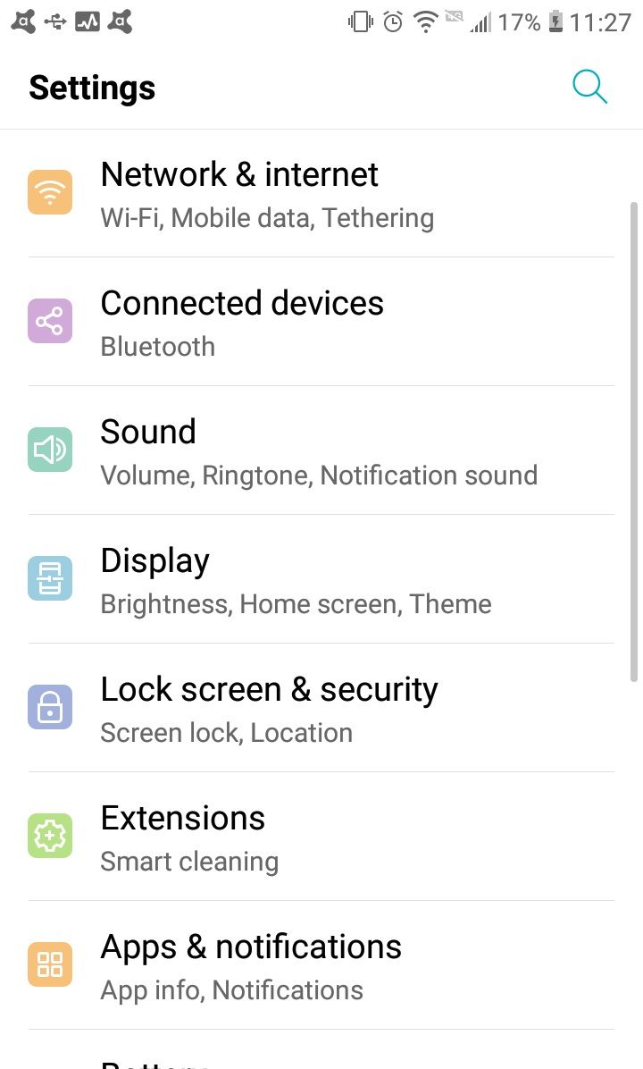 The Android settings landing menu