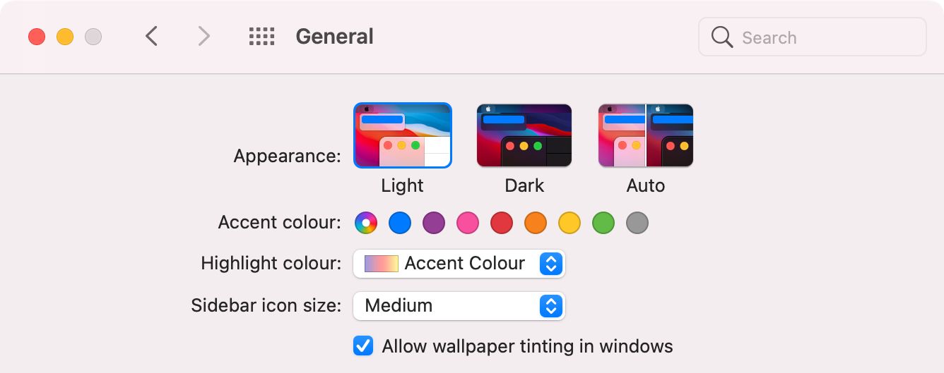 Appearance options in macOS System Preferences