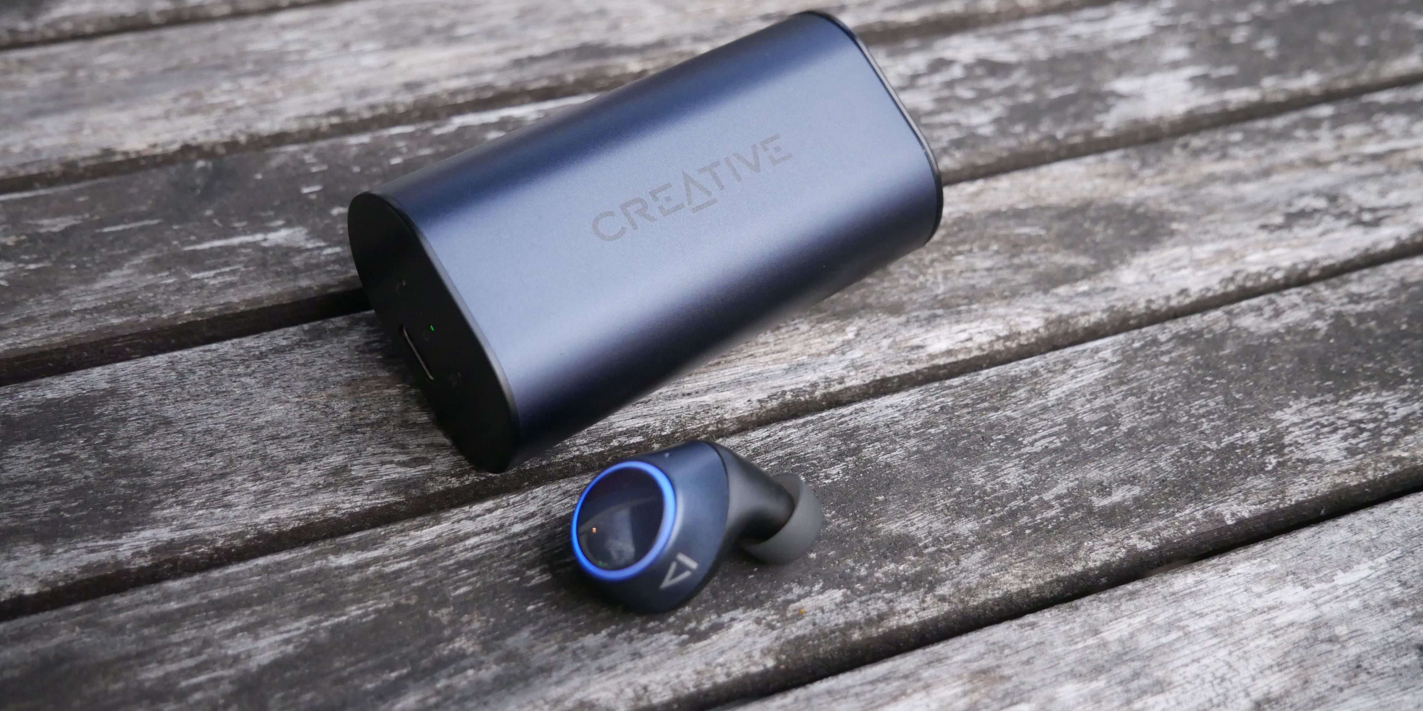 Creative Outlier Air V2 closed case and earbud pairing blue