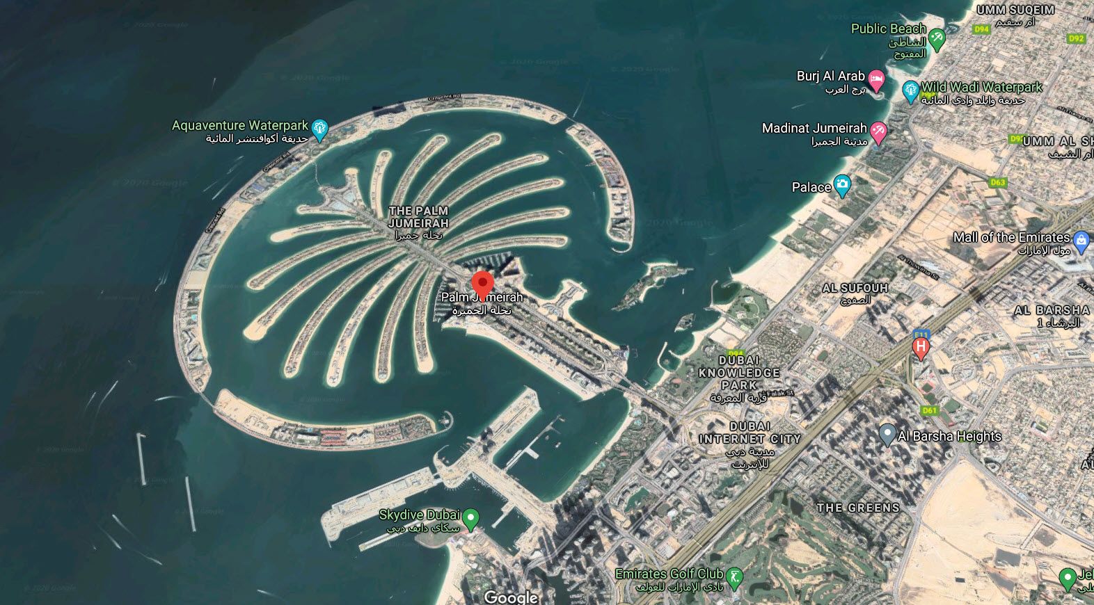 Google Maps Satellite View of Palm Islands