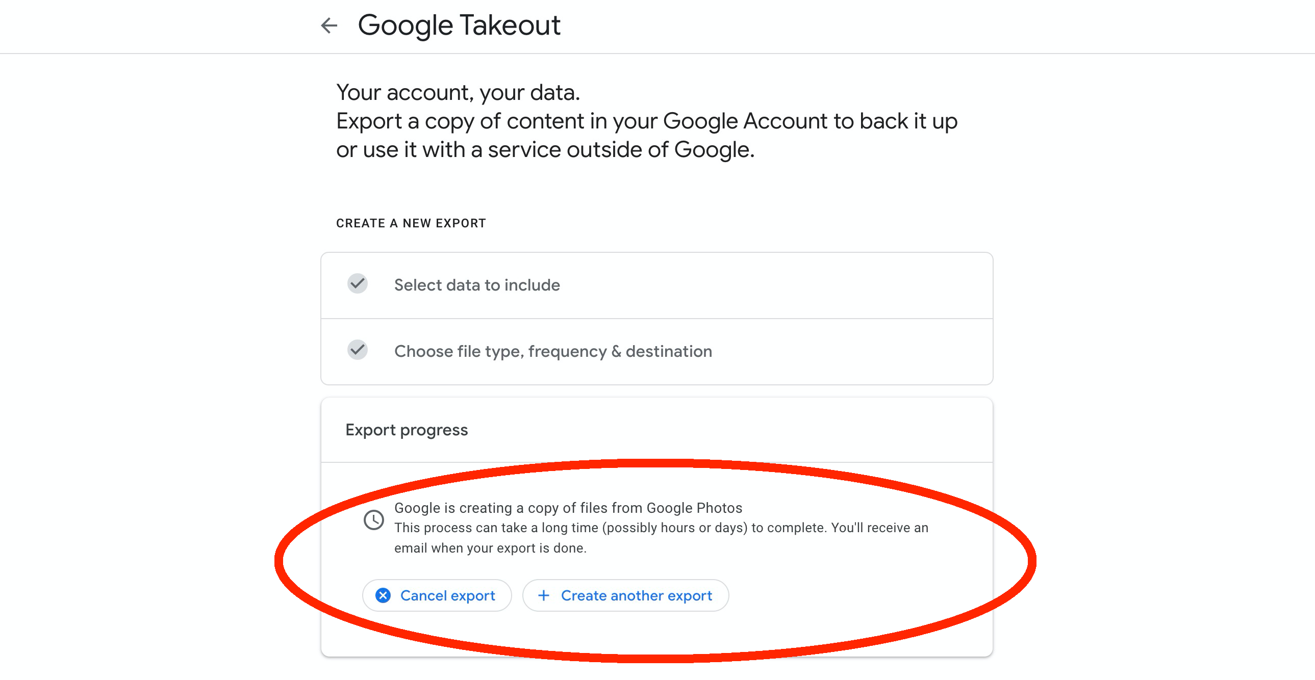 Google Takeout Export Photos Progress