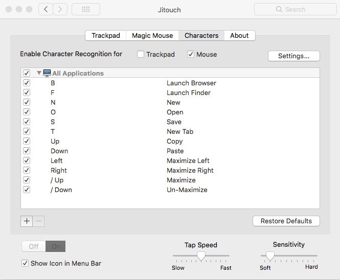 Jitouch 2 for Mac options