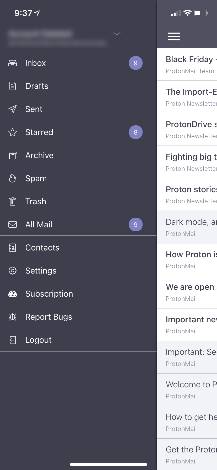 ProtonMail menu