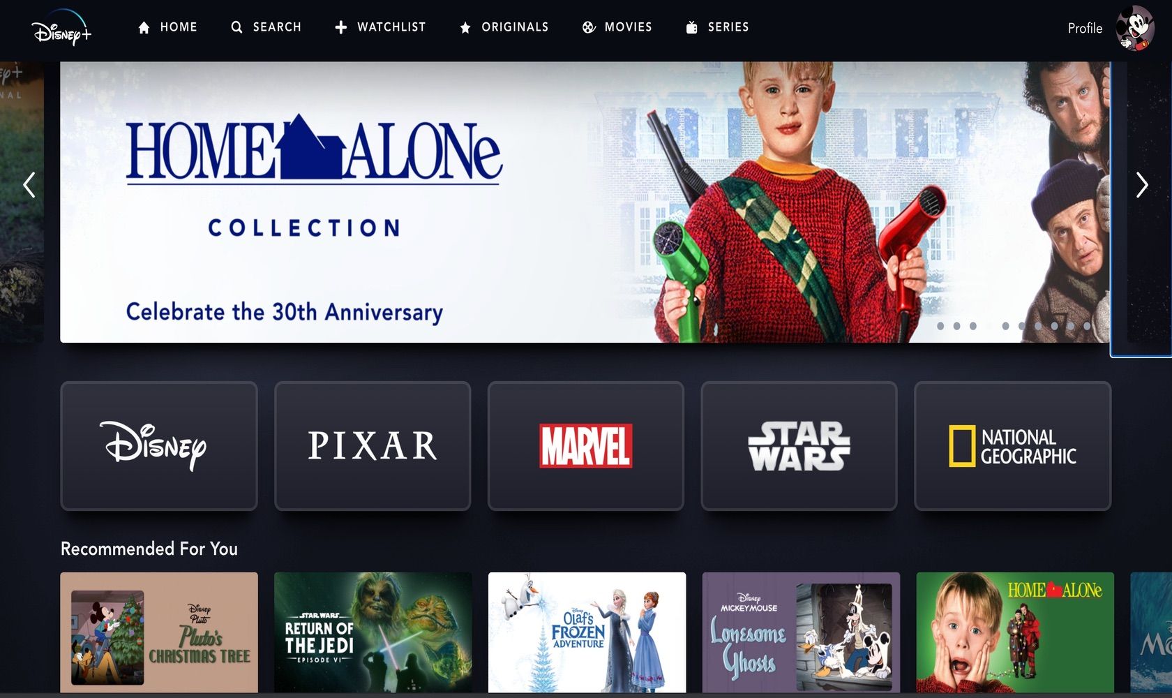 Disney+ main page of application