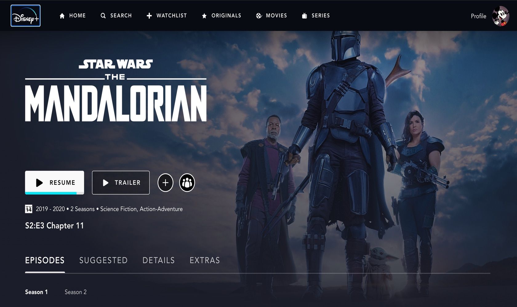 The Mandalorian preview page on the Disney Plus web app