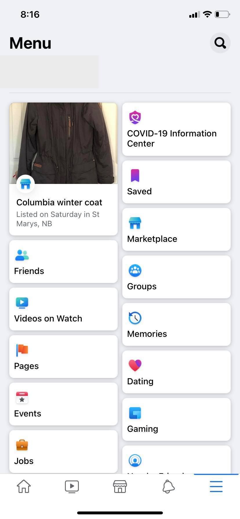 Screenshot of Facebook menu