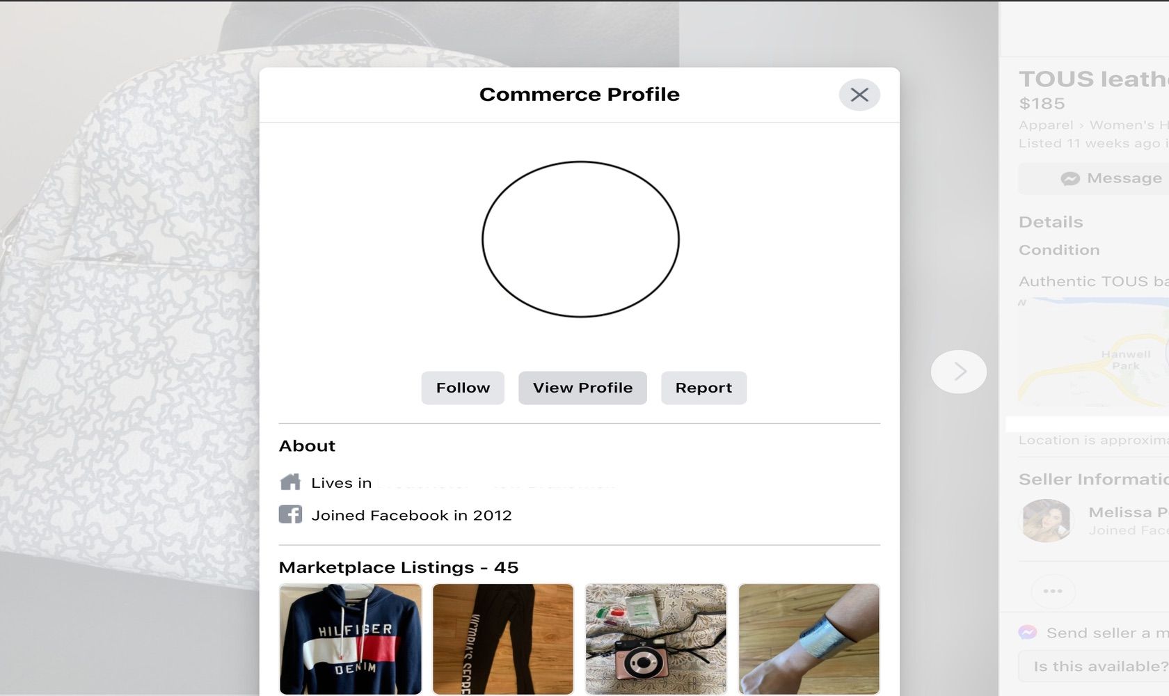 Screenshot of Facebook Marketplace profile