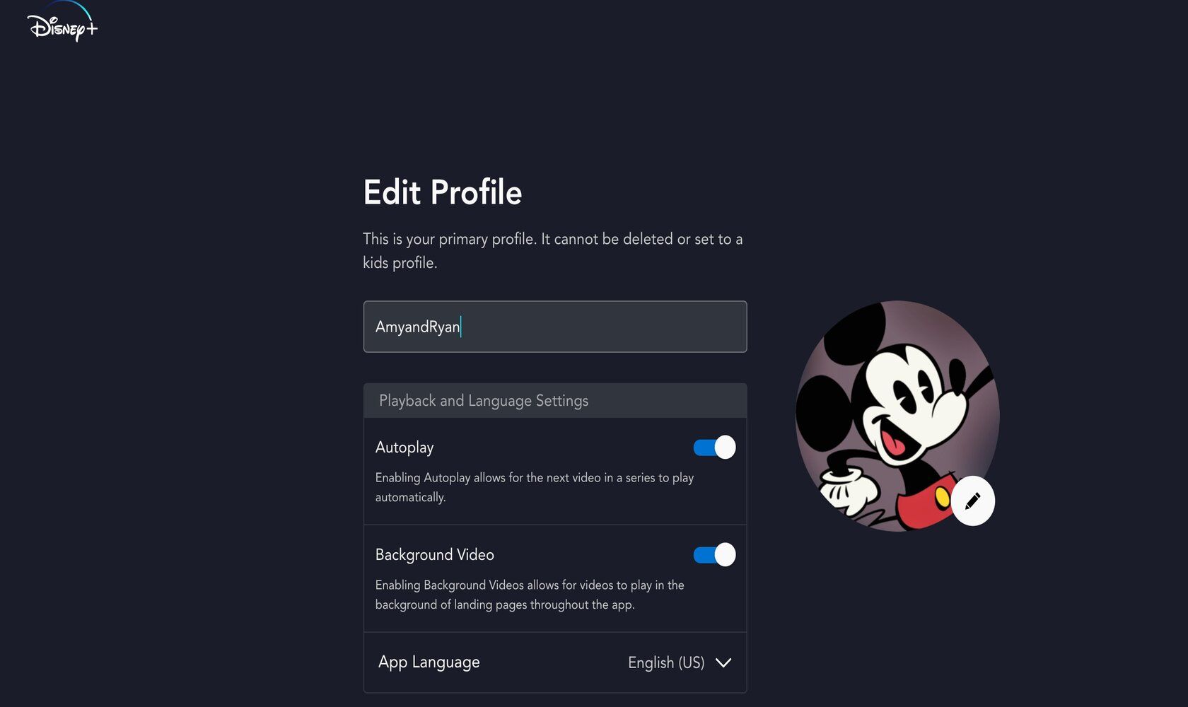 Screenshot of Disney+ profile